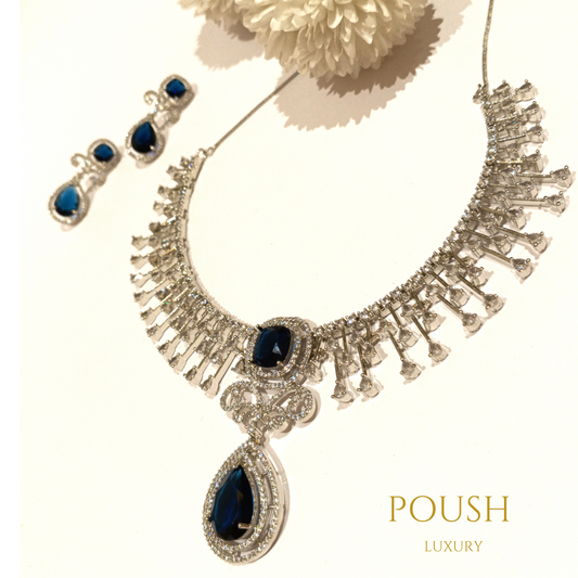 POUSH LUXURY White & Blue Sapphire Zircons Engagement American Diamond Premium Necklace Set