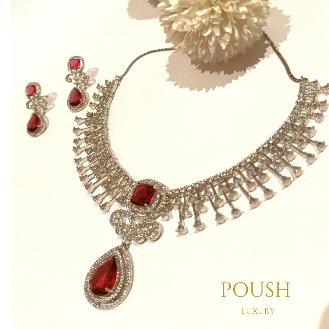 POUSH LUXURY White & Red Ruby Zircons Engagement American Diamond Premium Necklace Set