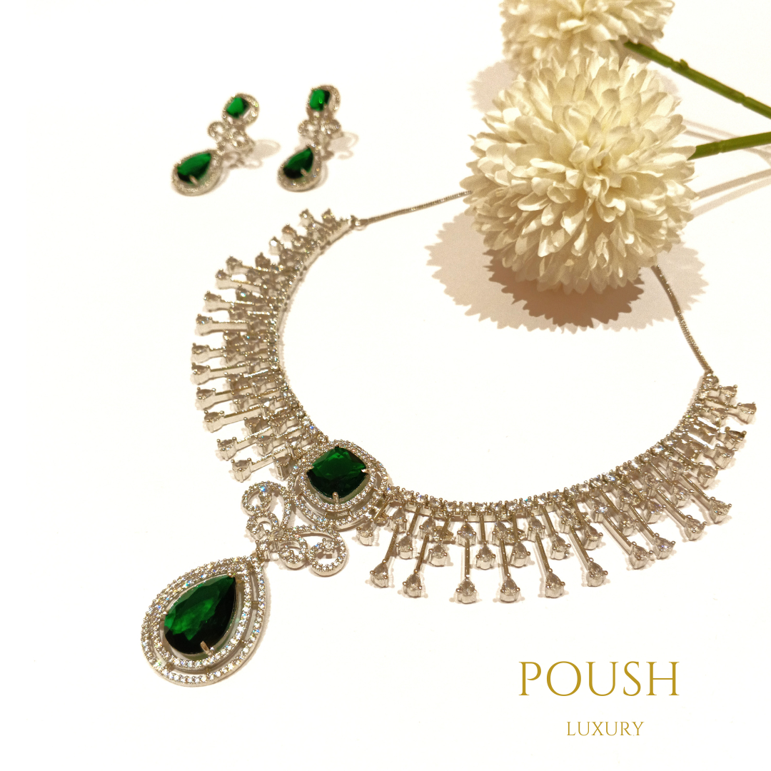 POUSH LUXURY White & Green Emerald Zircons Engagement American Diamond Premium Necklace Set