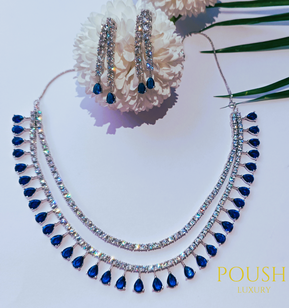 POUSH LUXURY White & Blue Sapphire Zircons Mini Drops American Diamond Premium Necklace Set