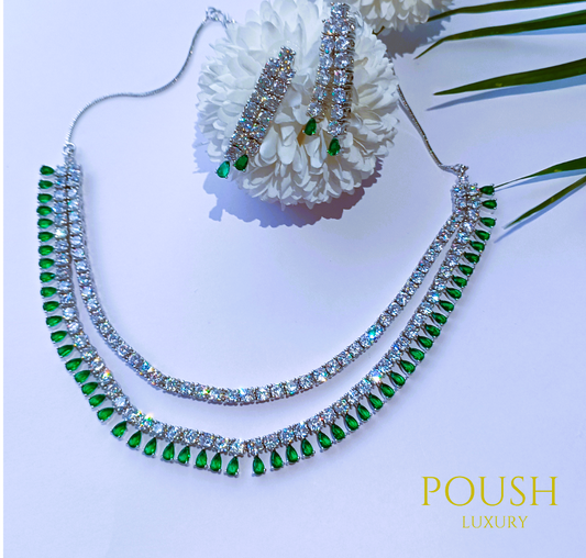 POUSH LUXURY White & Green Emerald Zircons Mini Drops American Diamond Premium Necklace Set