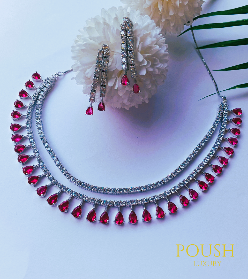 POUSH LUXURY White & Red Ruby Zircons Mini Drops American Diamond Premium Necklace Set