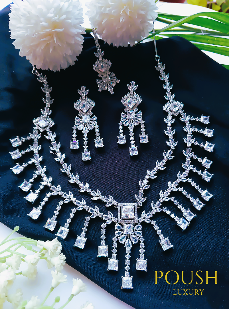 POUSH LUXURY White Zircons Reception American Diamond Premium Necklace Set