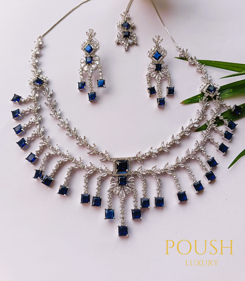 POUSH LUXURY White & Blue Sapphire Zircons Reception American Diamond Premium Necklace Set