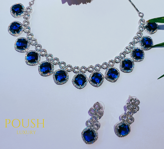 POUSH LUXURY White & Blue Sapphire Zircons Square American Diamond Premium Necklace Set