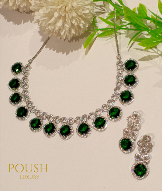 POUSH LUXURY White & Green Emerald Zircons Square American Diamond Premium Necklace Set