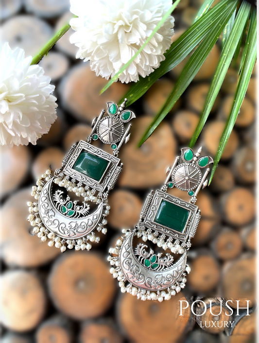 POUSH LUXURY Brass Stone studded Jhummer Silver looking Green Dangler Earrings