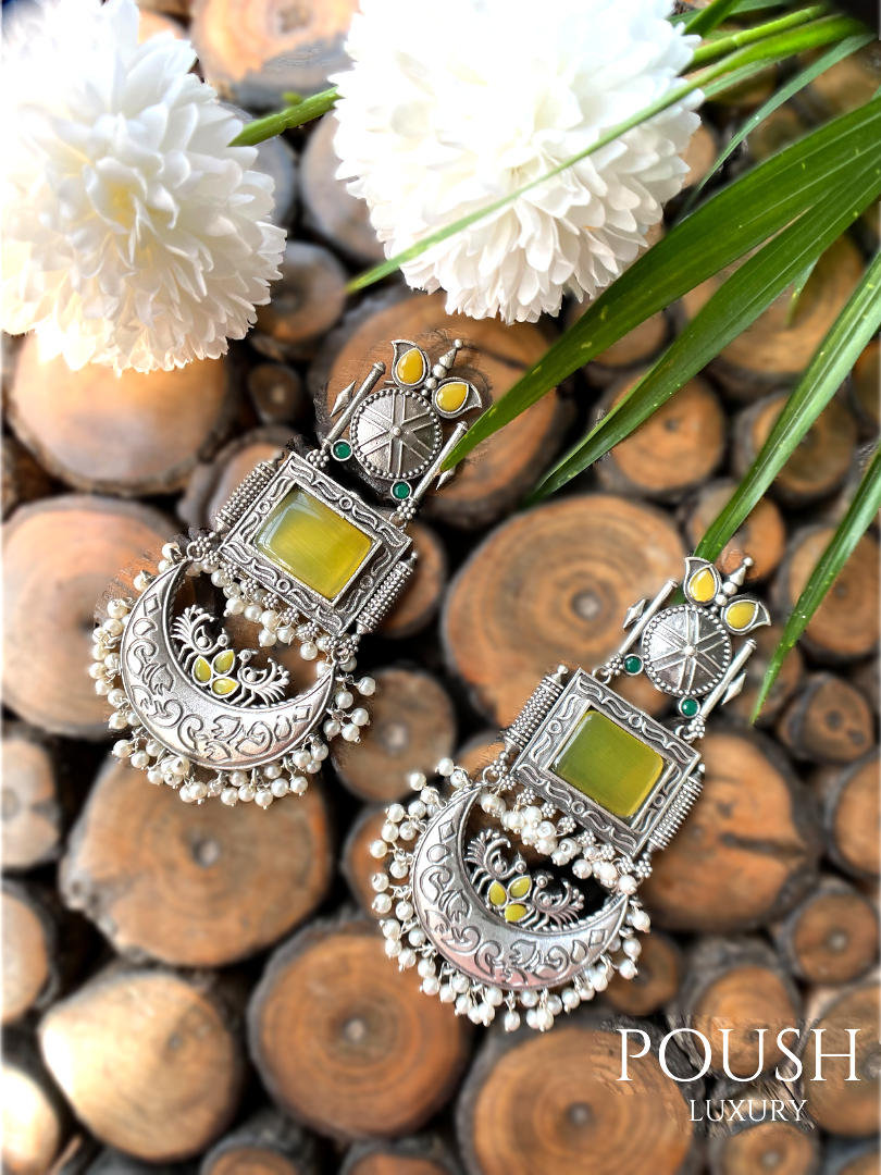 POUSH LUXURY Brass Stone studded Jhummer Silver looking Yellow Dangler Earrings