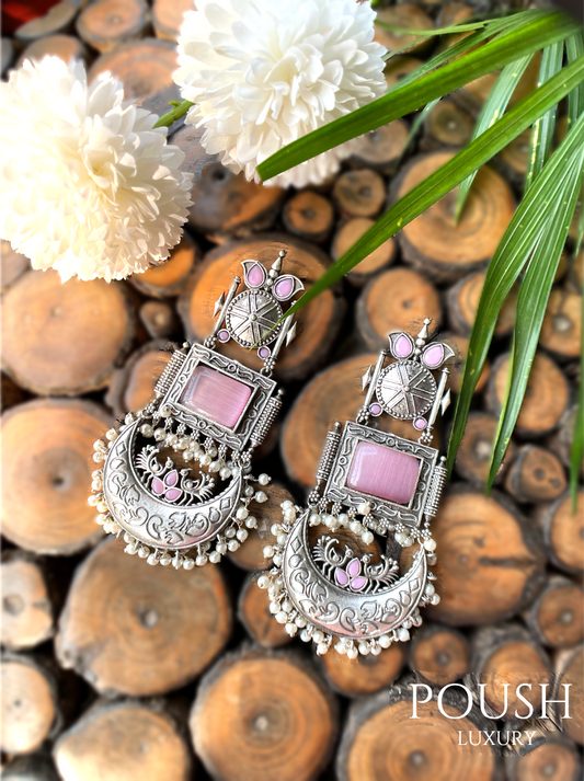 POUSH LUXURY Brass Stone studded Jhummer Silver looking Pink Dangler Earrings