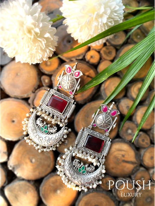 POUSH LUXURY Brass Stone studded Jhummer Silver looking Rani Dangler Earrings