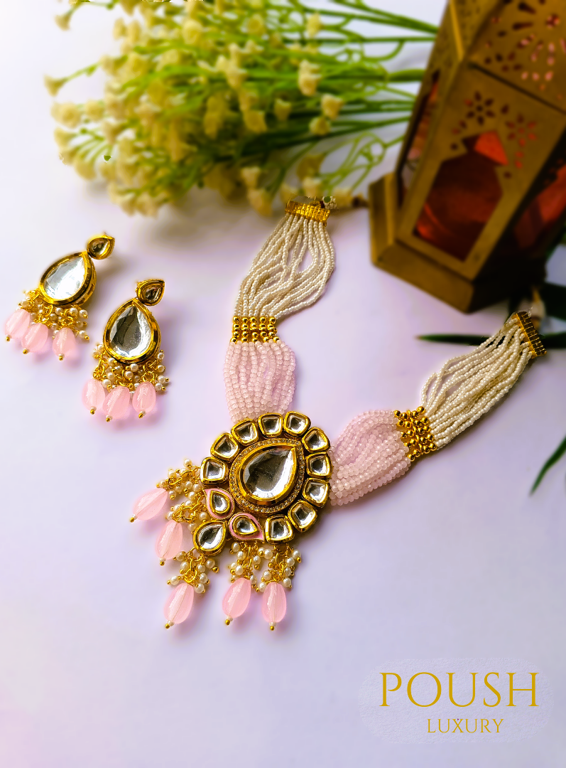 POUSH LUXURY Kundan Droplet Pink Choker