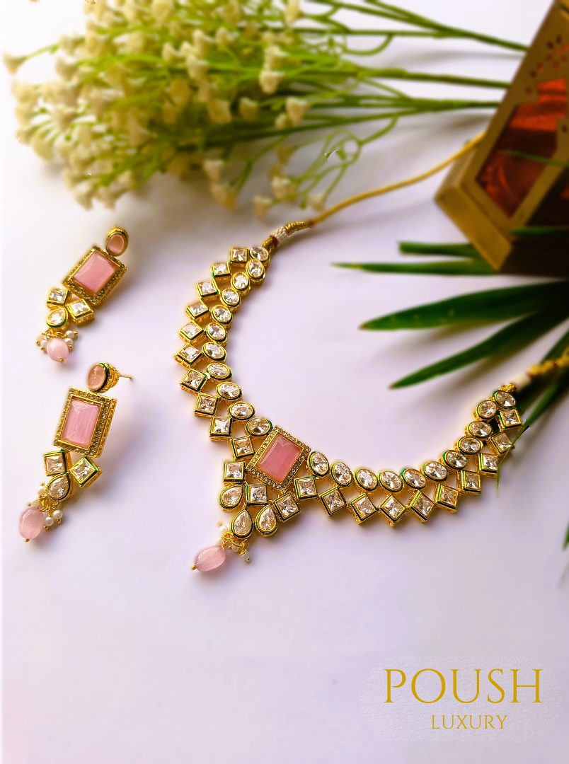 POUSH LUXURY Polki Kundan Pink Necklace Set