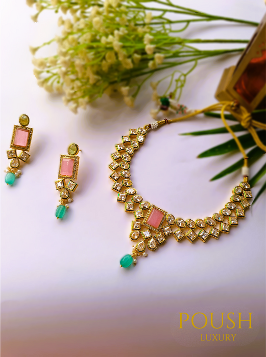 POUSH LUXURY Kundan Pink Firozi Necklace Set