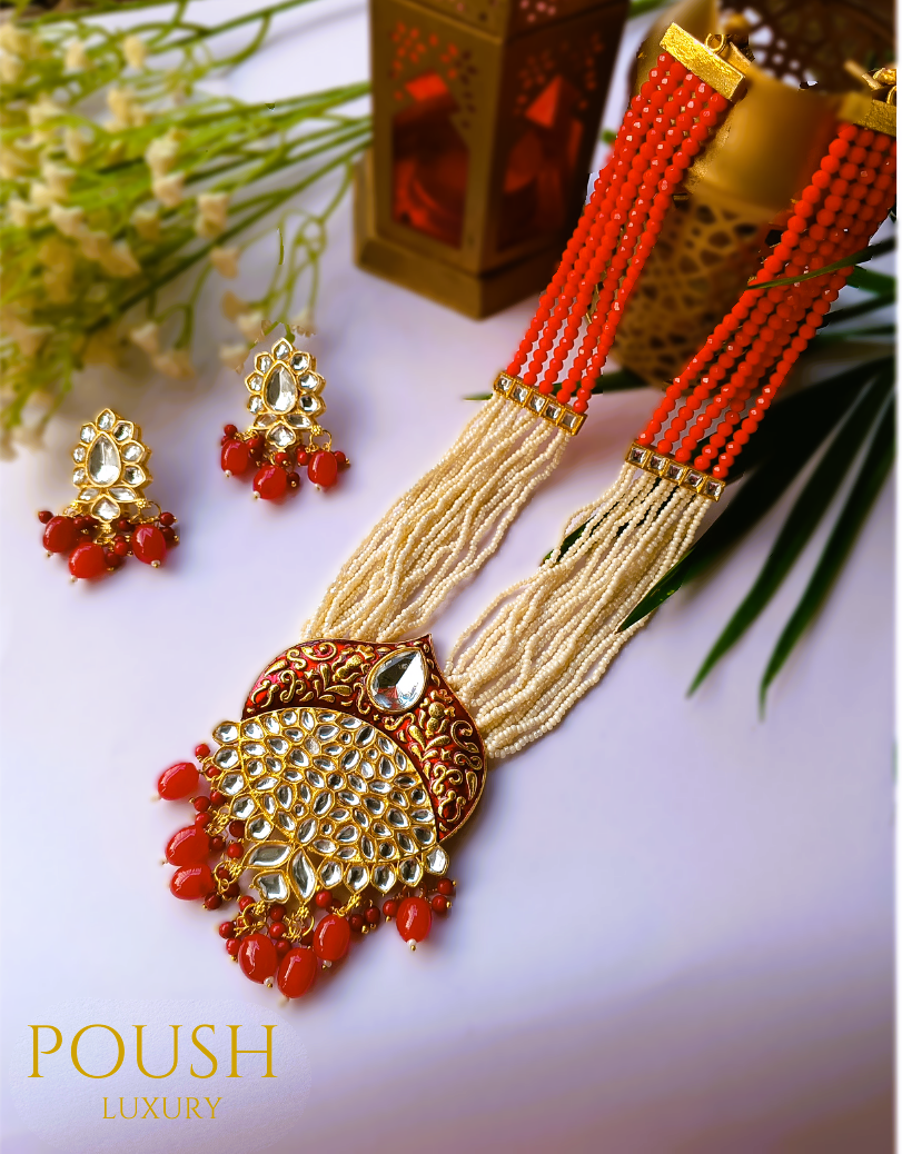 POUSH LUXURY Kundan long Anar Red Rani Haar