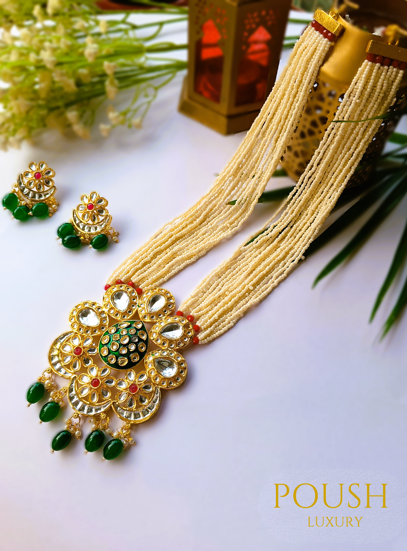 POUSH LUXURY Kundan long Chand Fool Green Rani Haar