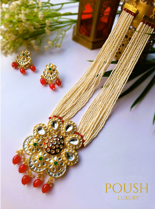 POUSH LUXURY Kundan long Chand Fool Red Rani Haar