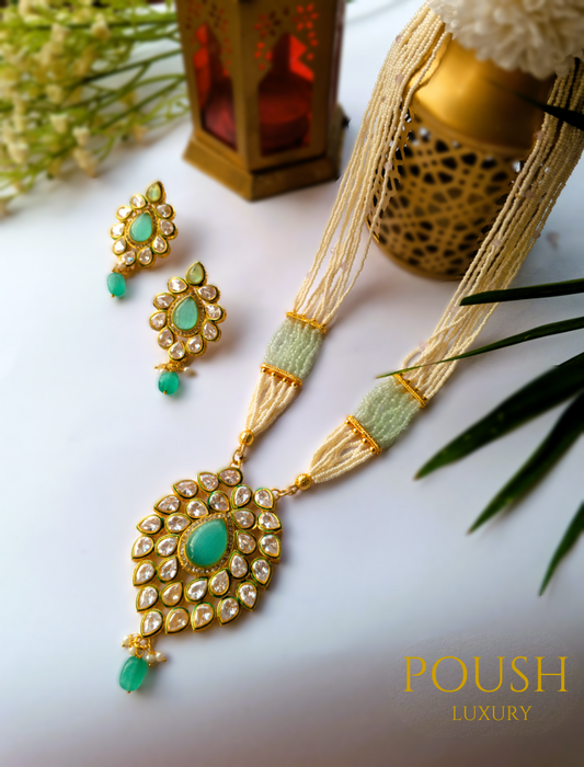 POUSH LUXURY Kundan Leaf Mint Rani Haar