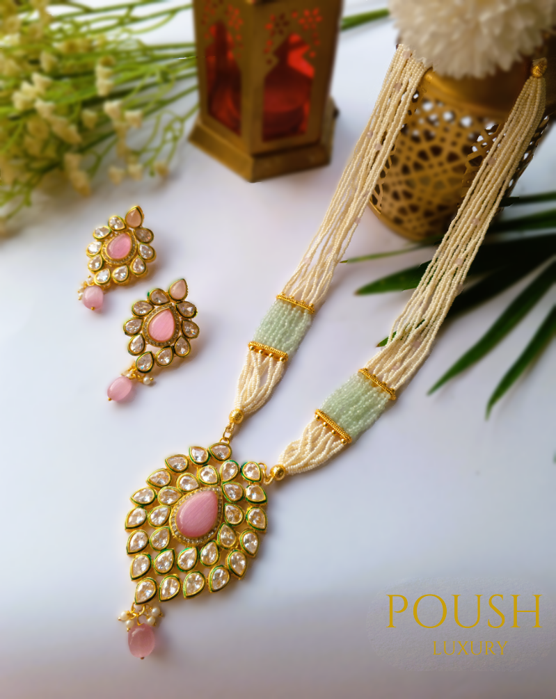 POUSH LUXURY Kundan Leaf Pink Mint Rani Haar