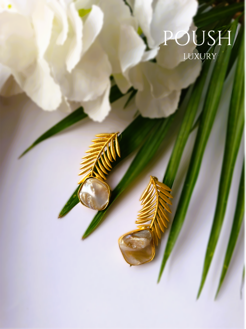 POUSH LUXURY Mother of Pearl Brass Palm Leaf Statement Earrings