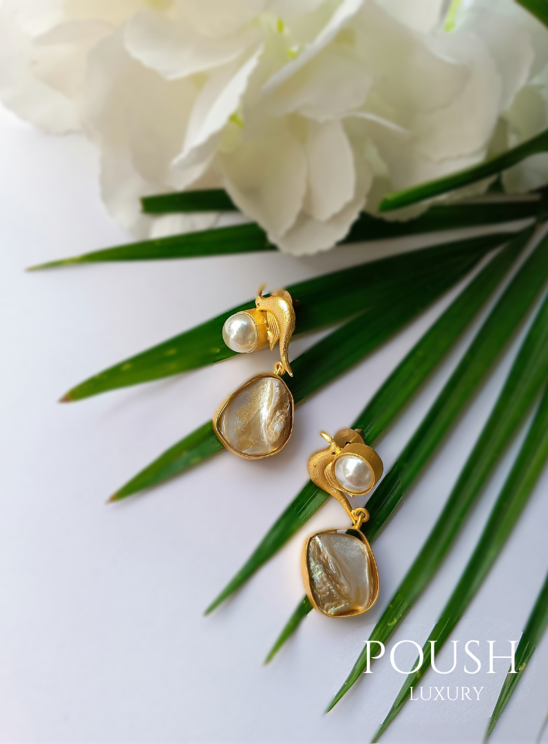 POUSH LUXURY Mother of Pearl Birds Brass Statement Earrings