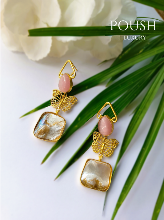 POUSH LUXURY Mother of Pearl Brass Butterfly Pink Statement Earrings