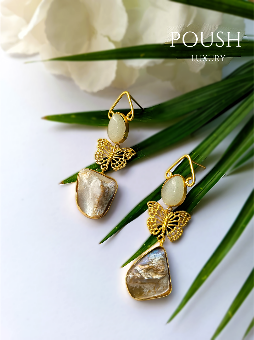 POUSH LUXURY Mother of Pearl Brass Butterfly White Statement Earrings