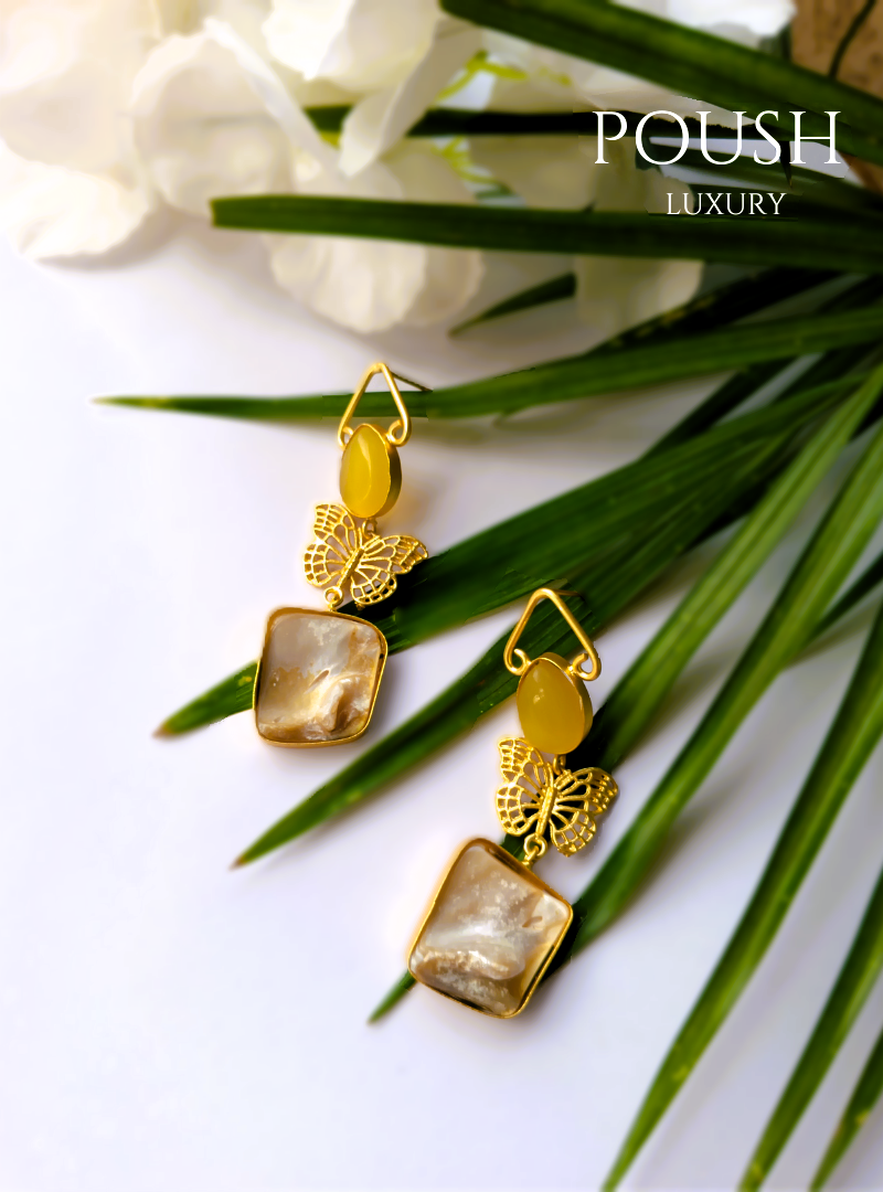 POUSH LUXURY Mother of Pearl Brass Butterfly Yellow Statement Earrings