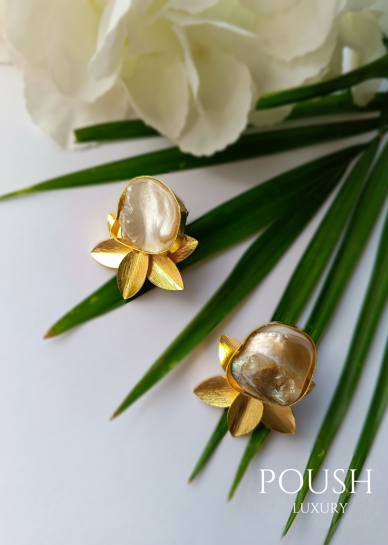 POUSH LUXURY Mother of Pearl Lotus Brass Statement Earrings