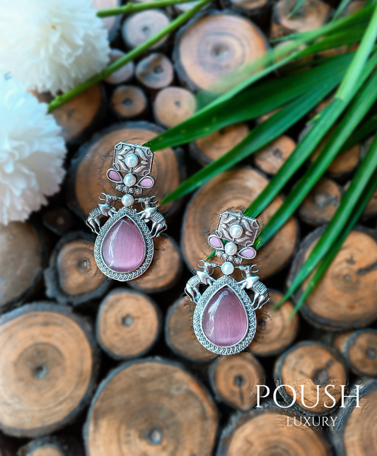 POUSH LUXURY Brass Stone Studded Bull Silver Looking Pink Dangler Earrings