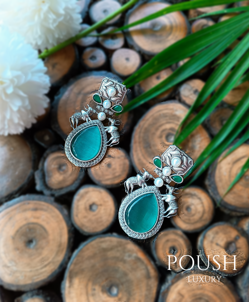 POUSH LUXURY Brass Stone Studded Bull Silver Looking Sea Green Dangler Earrings