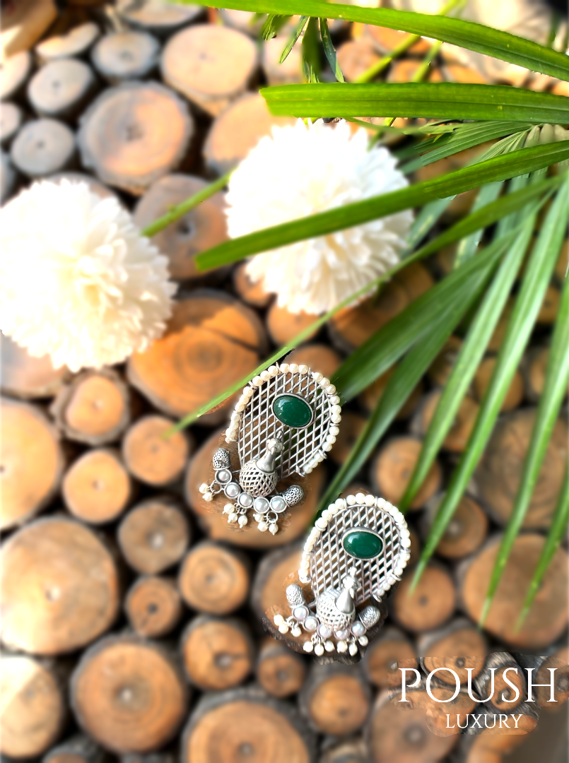 POUSH LUXURY Brass Stone studded Peacock Silver looking Green Earrings