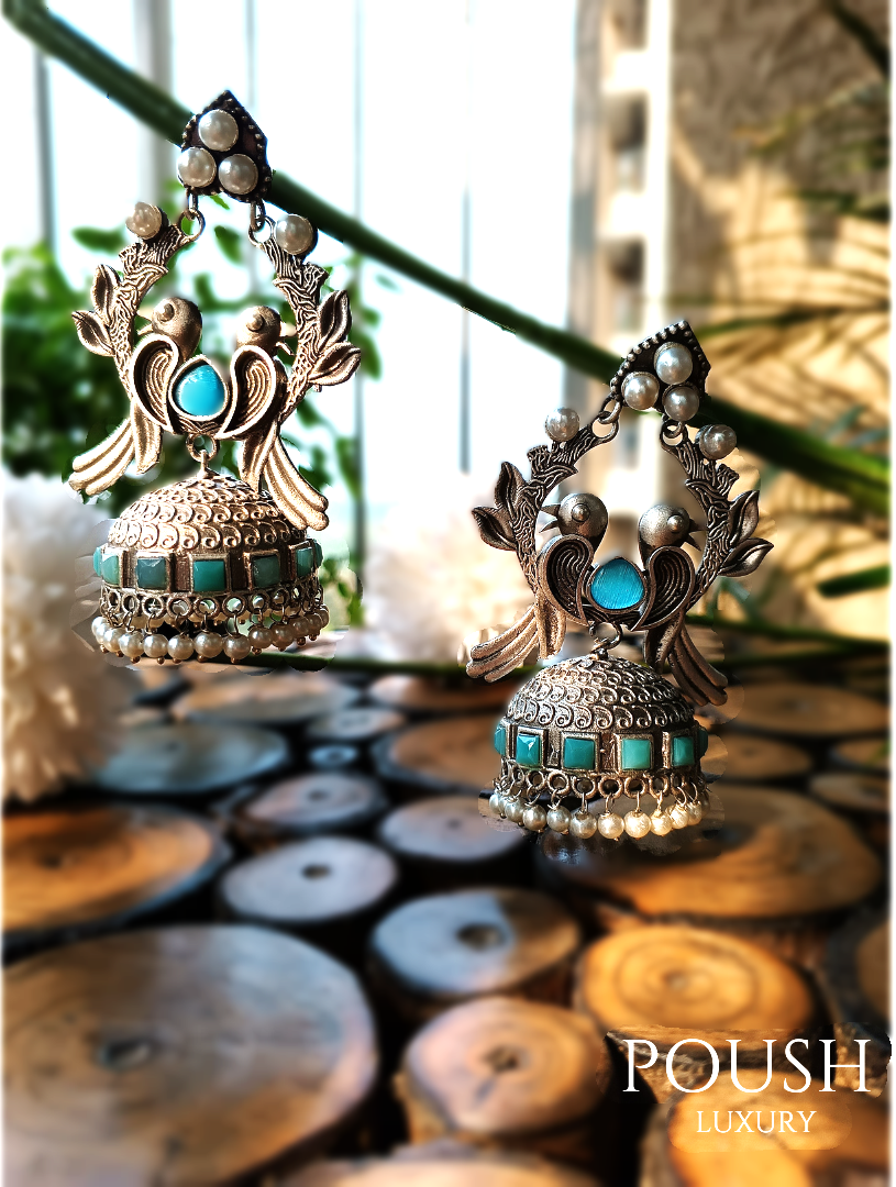 POUSH LUXURY Brass Stone studded Tota Maina Silver looking Firozi Earrings